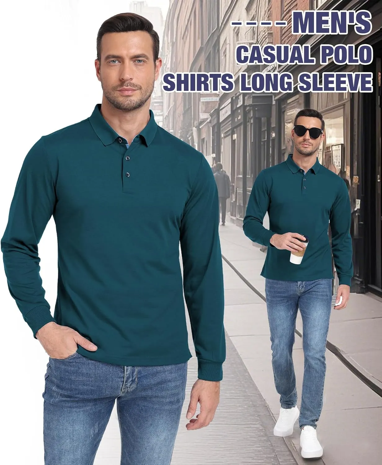 Polo Shirts for Men Long Sleeve Moisture Wicking Golf Polos Casual Travel Performance Collar Shirts