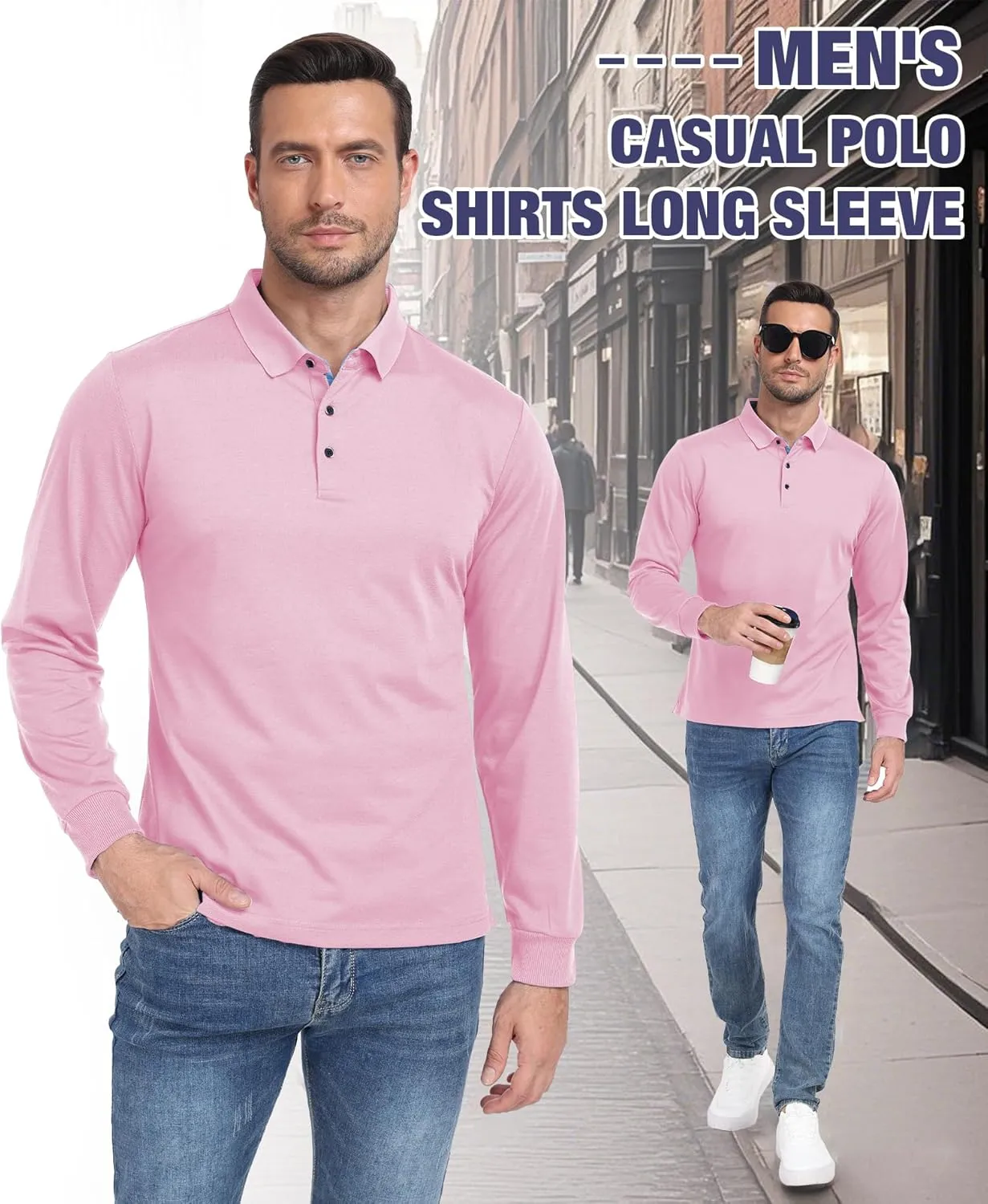 Polo Shirts for Men Long Sleeve Moisture Wicking Golf Polos Casual Travel Performance Collar Shirts