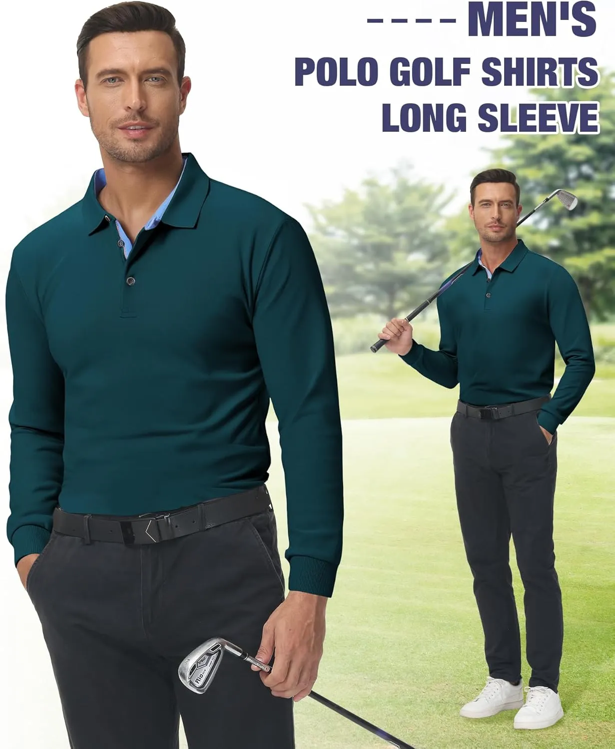 Polo Shirts for Men Long Sleeve Moisture Wicking Golf Polos Casual Travel Performance Collar Shirts