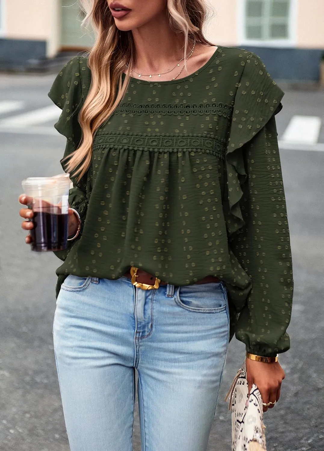 PRETTYGARDEN Women's Long Sleeve Blouses Ruffle Swiss Dot Crochet Loose Fit 2025 Spring Fall Tunic Dressy Casual Tops