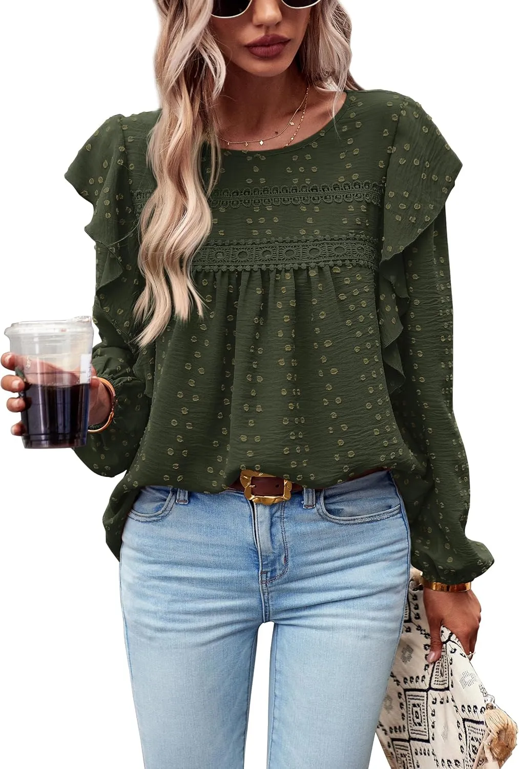 PRETTYGARDEN Women's Long Sleeve Blouses Ruffle Swiss Dot Crochet Loose Fit 2025 Spring Fall Tunic Dressy Casual Tops