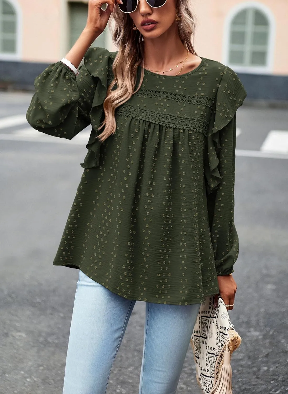 PRETTYGARDEN Women's Long Sleeve Blouses Ruffle Swiss Dot Crochet Loose Fit 2025 Spring Fall Tunic Dressy Casual Tops