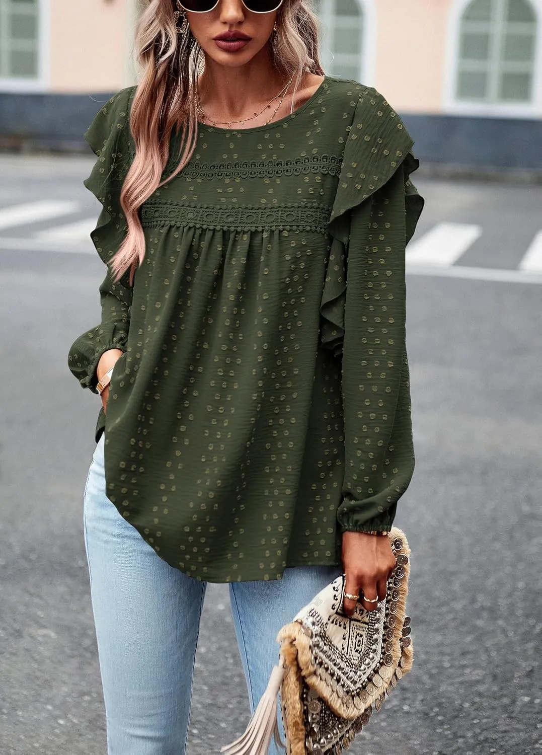 PRETTYGARDEN Women's Long Sleeve Blouses Ruffle Swiss Dot Crochet Loose Fit 2025 Spring Fall Tunic Dressy Casual Tops