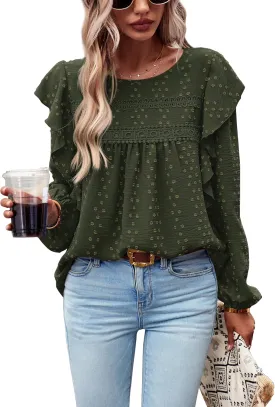 PRETTYGARDEN Women's Long Sleeve Blouses Ruffle Swiss Dot Crochet Loose Fit 2025 Spring Fall Tunic Dressy Casual Tops
