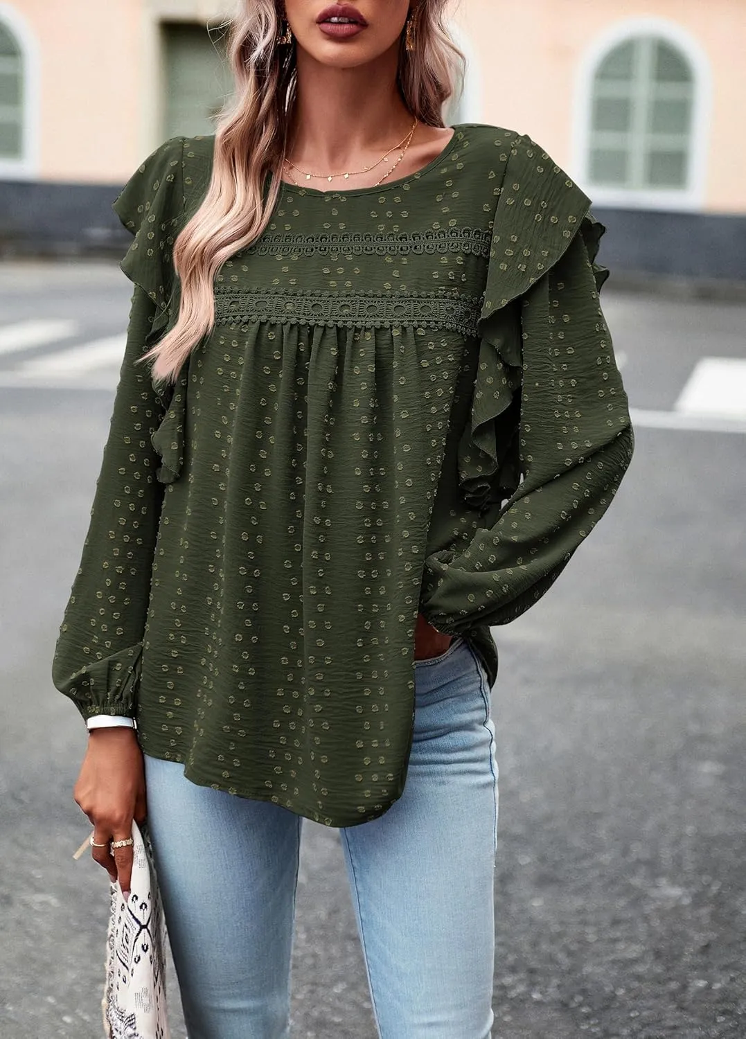 PRETTYGARDEN Women's Long Sleeve Blouses Ruffle Swiss Dot Crochet Loose Fit 2025 Spring Fall Tunic Dressy Casual Tops