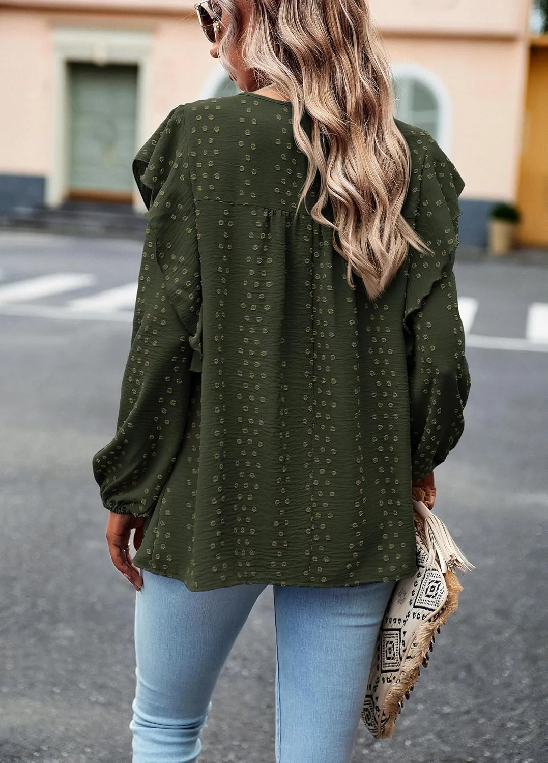 PRETTYGARDEN Women's Long Sleeve Blouses Ruffle Swiss Dot Crochet Loose Fit 2025 Spring Fall Tunic Dressy Casual Tops