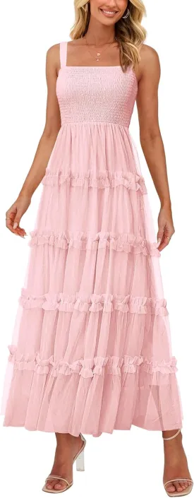 PRETTYGARDEN Women's Summer Dresses 2025 Sleeveless Smocked Tiered Ruffle Tulle A-Line Flowy Wedding Party Maxi Dress