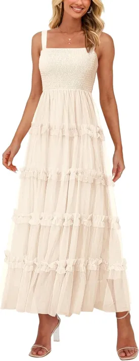 PRETTYGARDEN Women's Summer Dresses 2025 Sleeveless Smocked Tiered Ruffle Tulle A-Line Flowy Wedding Party Maxi Dress