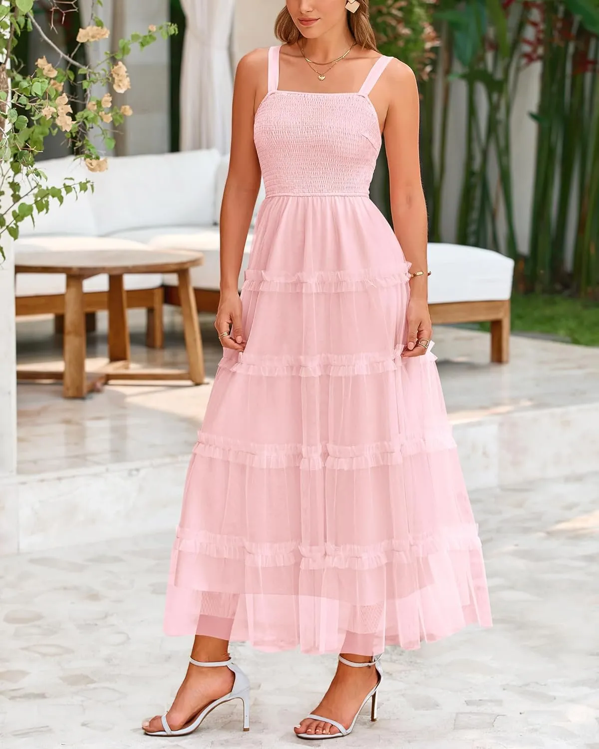 PRETTYGARDEN Women's Summer Dresses 2025 Sleeveless Smocked Tiered Ruffle Tulle A-Line Flowy Wedding Party Maxi Dress