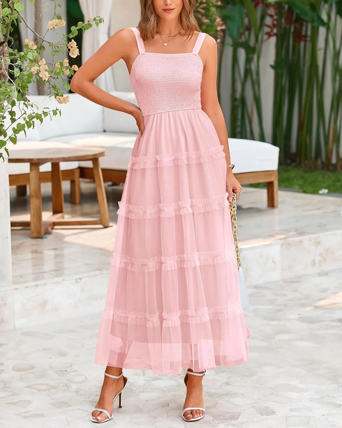 PRETTYGARDEN Women's Summer Dresses 2025 Sleeveless Smocked Tiered Ruffle Tulle A-Line Flowy Wedding Party Maxi Dress