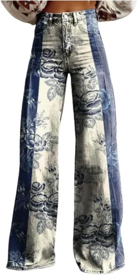 Printed Jeans for Women, Vintage Floral Graphic, 2025 Summer Wide Leg Dark Wash 90s Thin FauxJean Not Really Jeans.