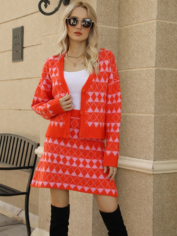 Rombo Knit Mini Skirt and Sweater Cardigan