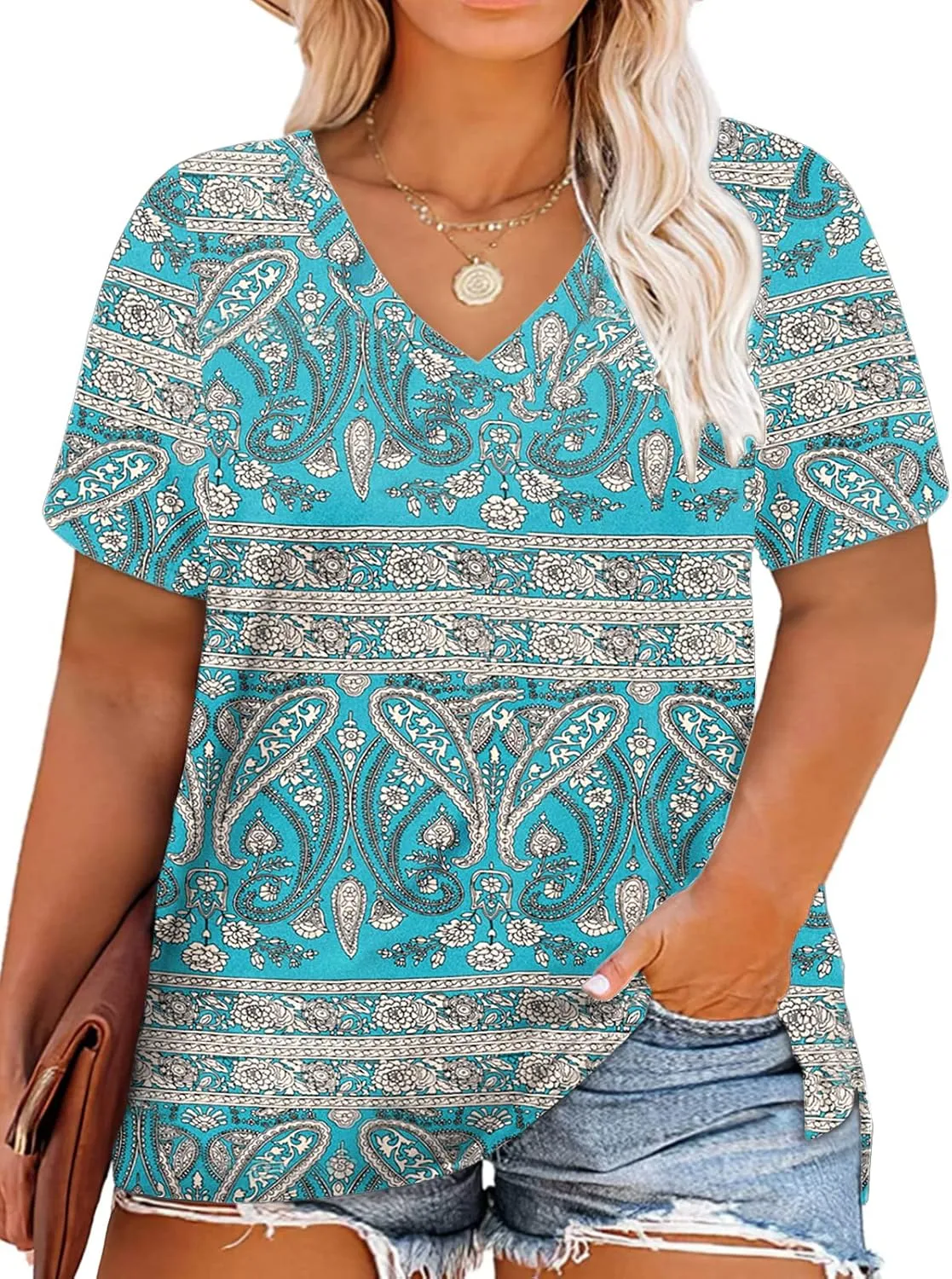 ROSRISS Womens Plus Size Short Sleeve T Shirt V Neck High Low Tops Blouse Tunics with Side Split