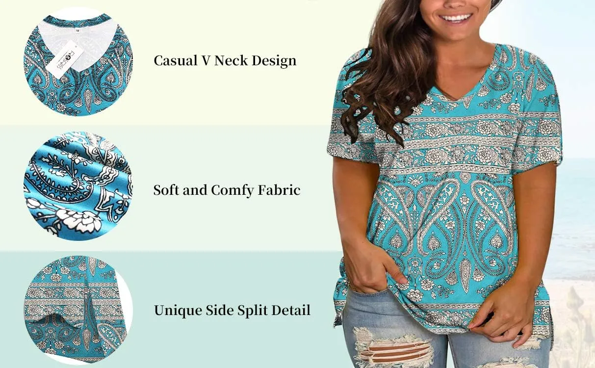ROSRISS Womens Plus Size Short Sleeve T Shirt V Neck High Low Tops Blouse Tunics with Side Split