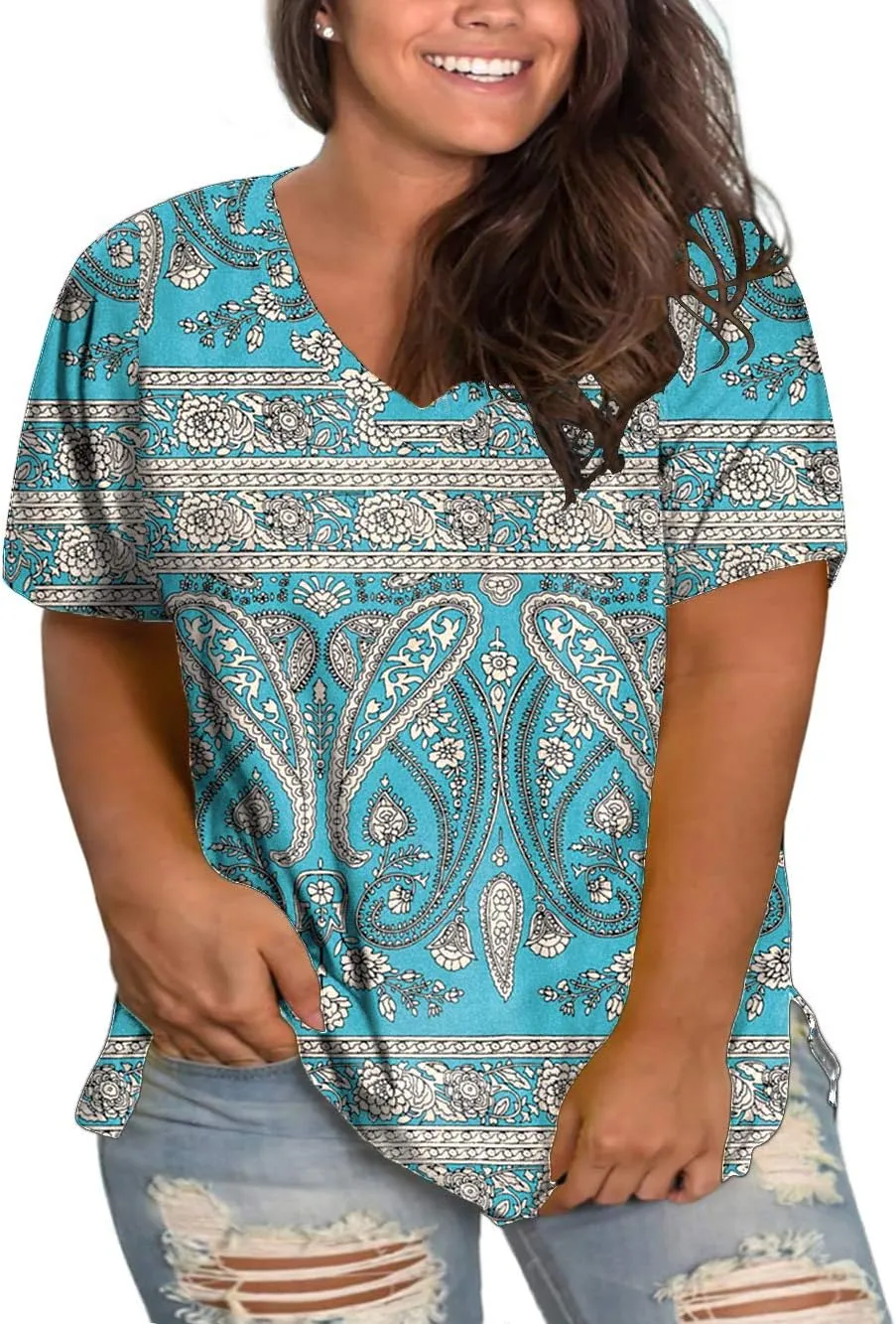 ROSRISS Womens Plus Size Short Sleeve T Shirt V Neck High Low Tops Blouse Tunics with Side Split
