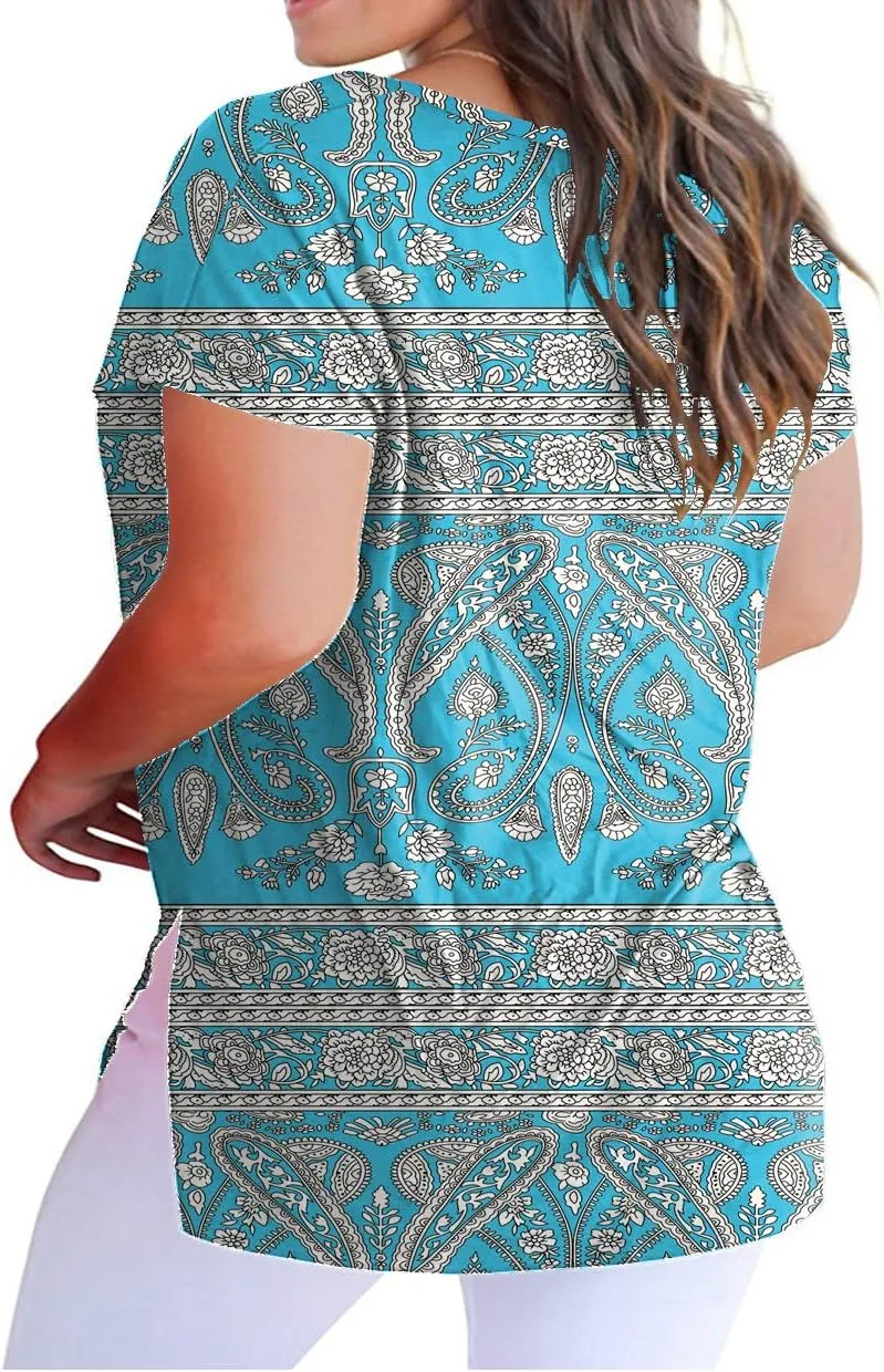 ROSRISS Womens Plus Size Short Sleeve T Shirt V Neck High Low Tops Blouse Tunics with Side Split