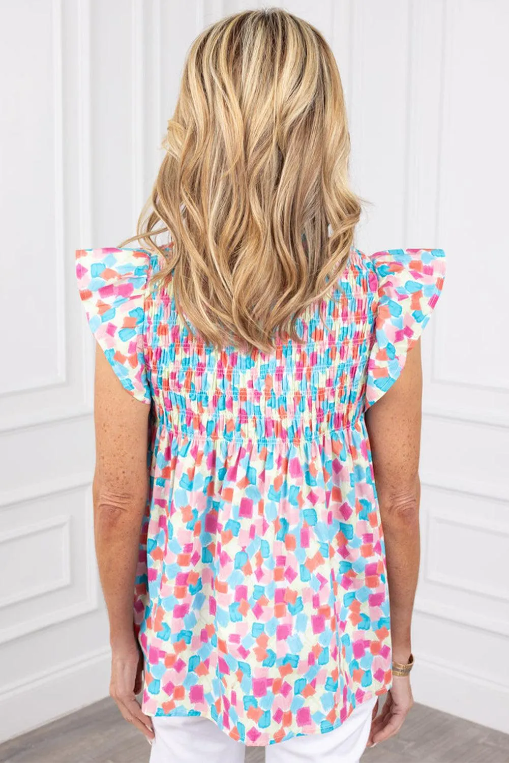 Ruffled Pink and Blue Abstract Blouse
