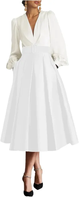 Satin Tea Length Prom Dresses for Women Long Sleeves Elegant Evening Gown A Line Wedding Guest Dress with Pocktes