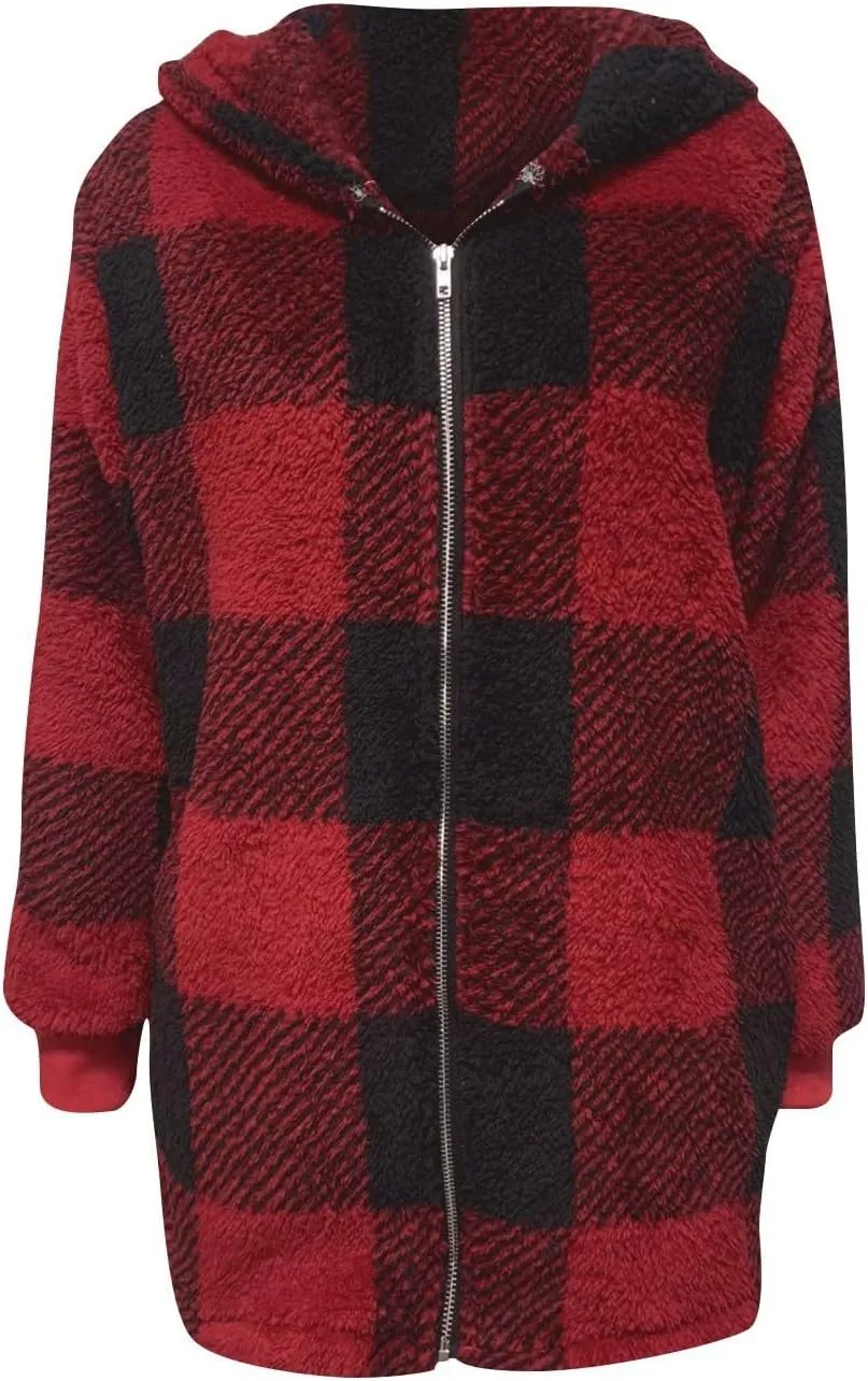Sherpa Jacket Women Plus Size Plaid Fuzzy Oversized Zip Up Hoodie Casual Long Winter Coats with Pockets Fleece Jacket