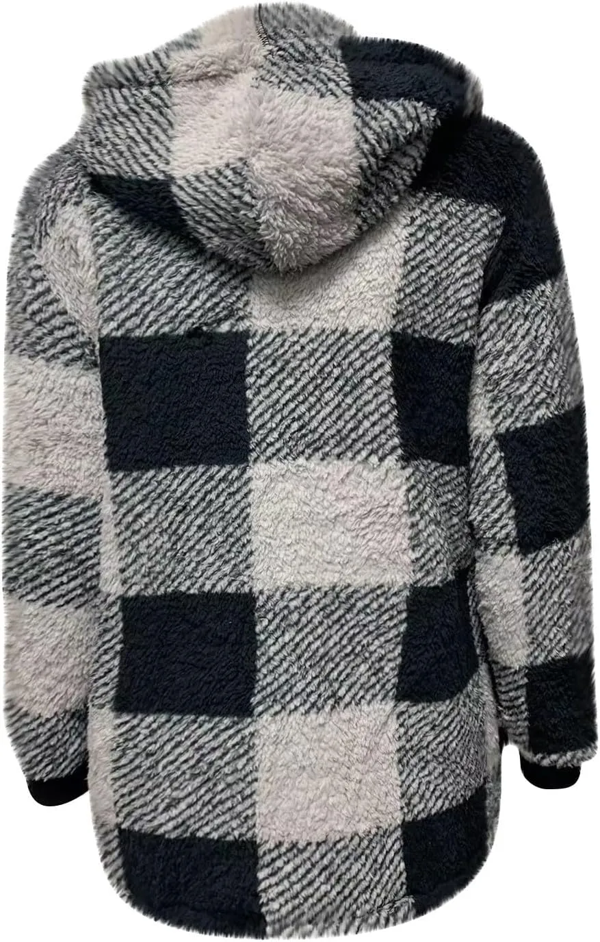 Sherpa Jacket Women Plus Size Plaid Fuzzy Oversized Zip Up Hoodie Casual Long Winter Coats with Pockets Fleece Jacket