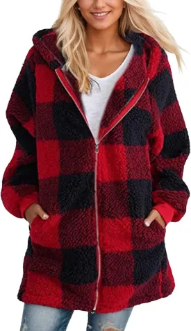 Sherpa Jacket Women Plus Size Plaid Fuzzy Oversized Zip Up Hoodie Casual Long Winter Coats with Pockets Fleece Jacket