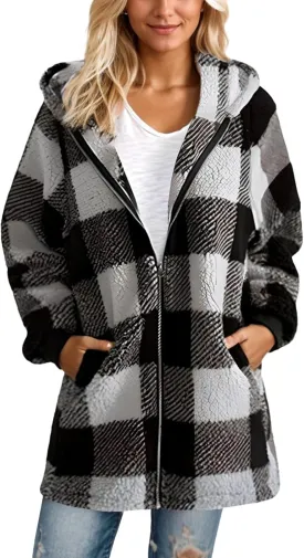 Sherpa Jacket Women Plus Size Plaid Fuzzy Oversized Zip Up Hoodie Casual Long Winter Coats with Pockets Fleece Jacket