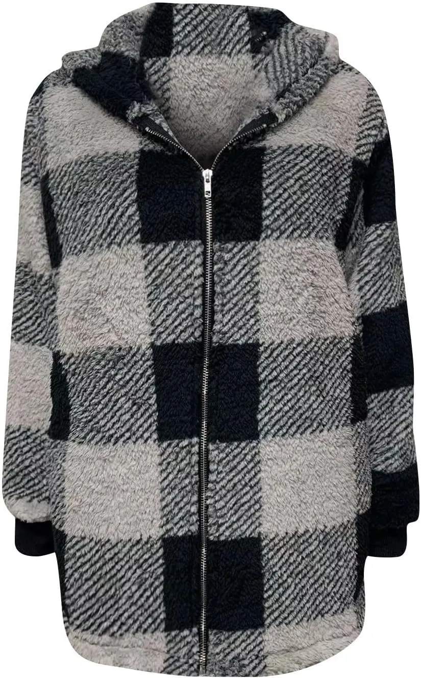 Sherpa Jacket Women Plus Size Plaid Fuzzy Oversized Zip Up Hoodie Casual Long Winter Coats with Pockets Fleece Jacket