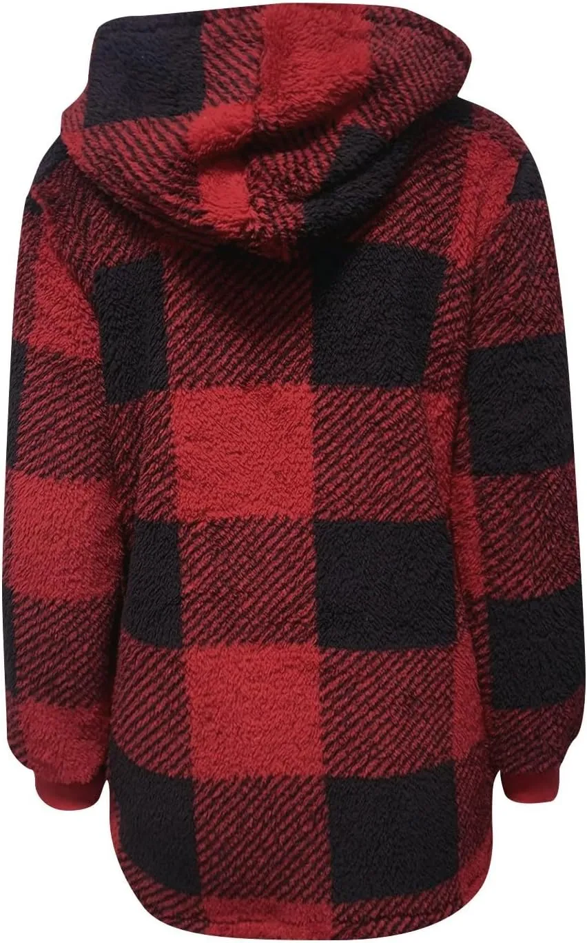 Sherpa Jacket Women Plus Size Plaid Fuzzy Oversized Zip Up Hoodie Casual Long Winter Coats with Pockets Fleece Jacket