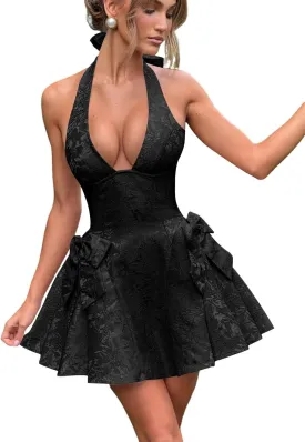 Short Homecoming Dress for Teens Jacquard Satin V-Neck Halter Corset Cocktail Gowns with Bow