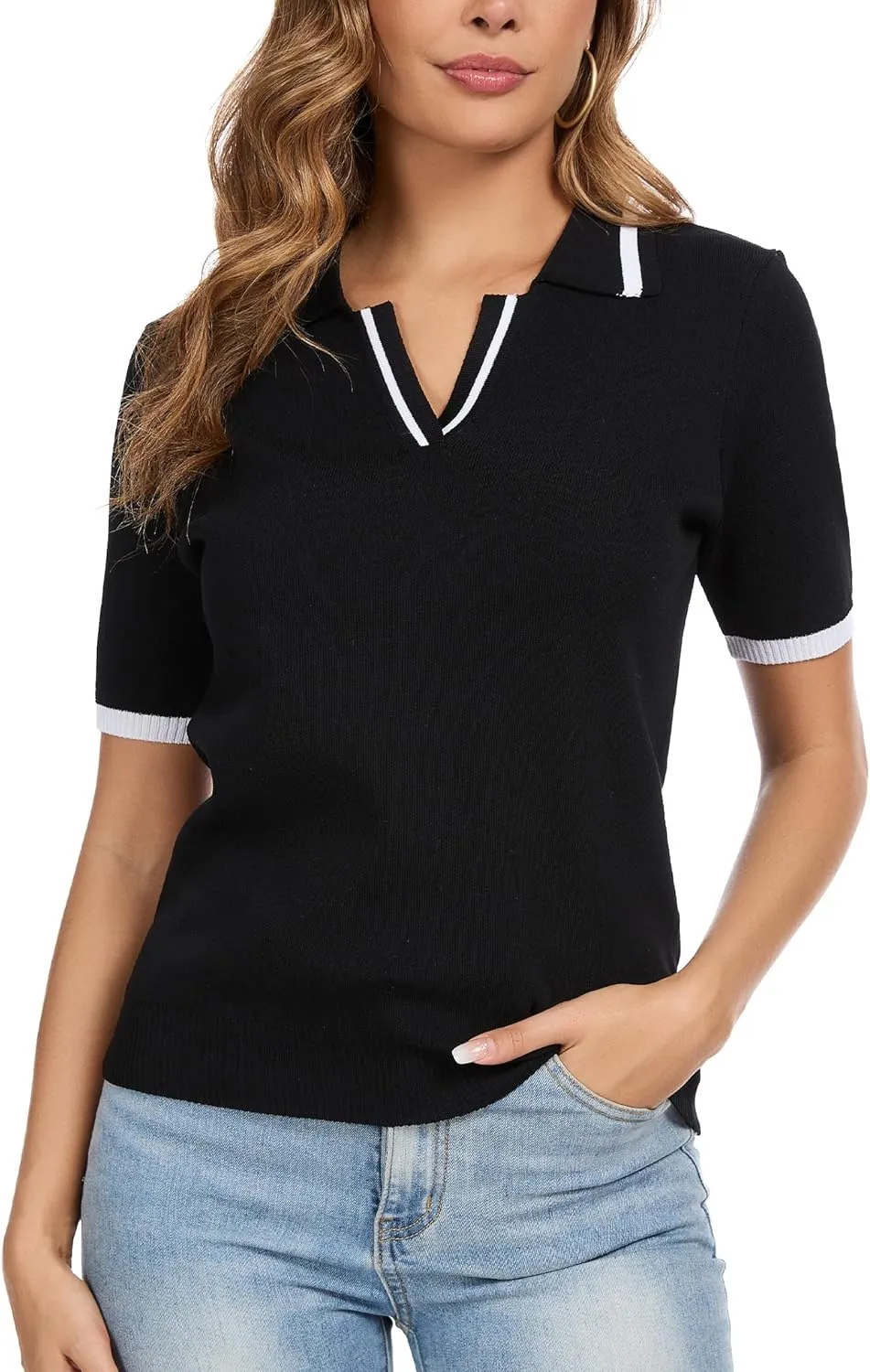 Short Sleeve Polo Shirts for Women Summer Outfits 2025 Trendy V Neck Lightweight Dressy Casual Knit Sweater Tops