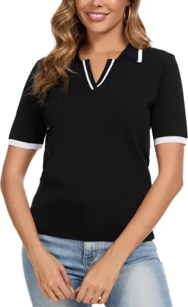 Short Sleeve Polo Shirts for Women Summer Outfits 2025 Trendy V Neck Lightweight Dressy Casual Knit Sweater Tops