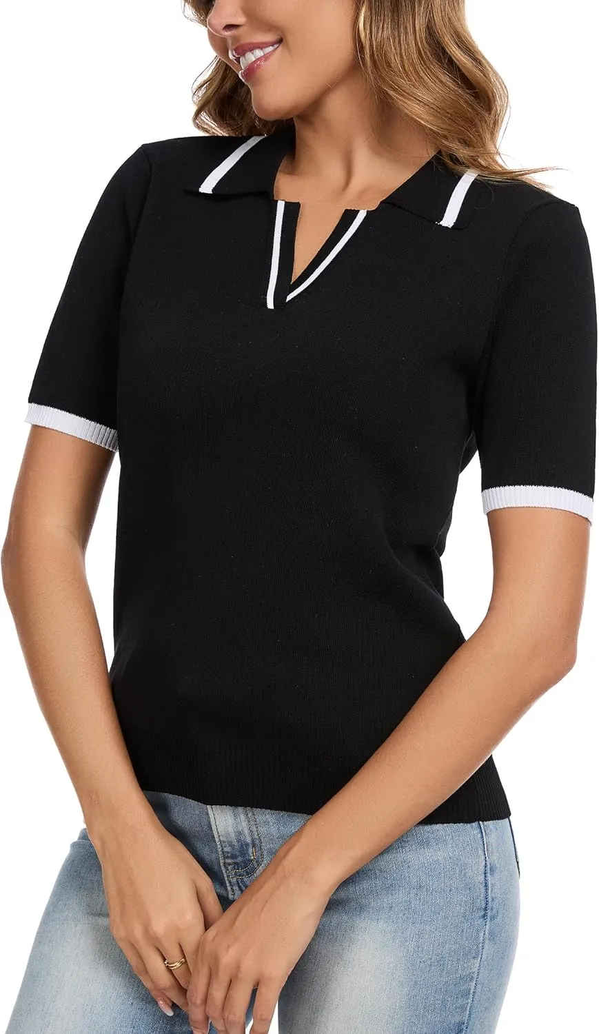 Short Sleeve Polo Shirts for Women Summer Outfits 2025 Trendy V Neck Lightweight Dressy Casual Knit Sweater Tops