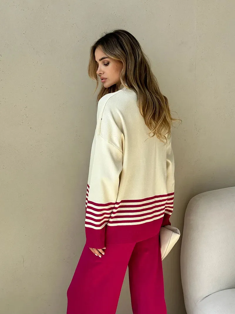 Stripes & Solid Knit Matching Set - Knitted Two Piece Set Outfit