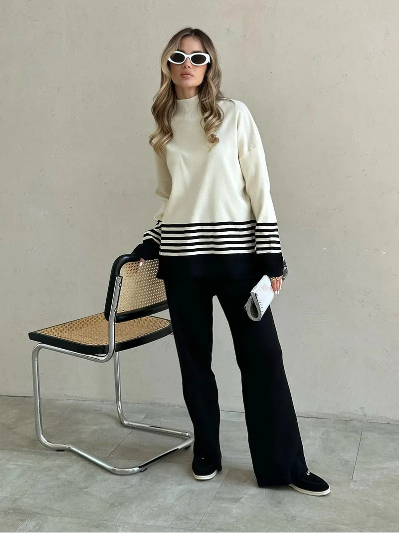 Stripes & Solid Knit Matching Set - Knitted Two Piece Set Outfit