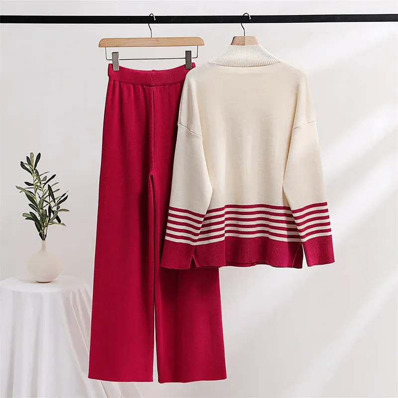 Stripes & Solid Knit Matching Set - Knitted Two Piece Set Outfit