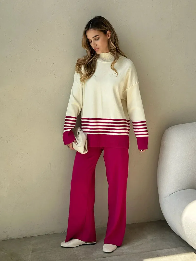 Stripes & Solid Knit Matching Set - Knitted Two Piece Set Outfit