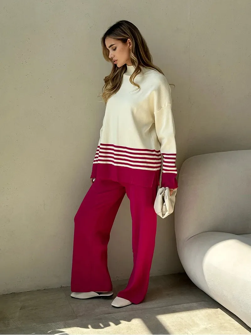 Stripes & Solid Knit Matching Set - Knitted Two Piece Set Outfit