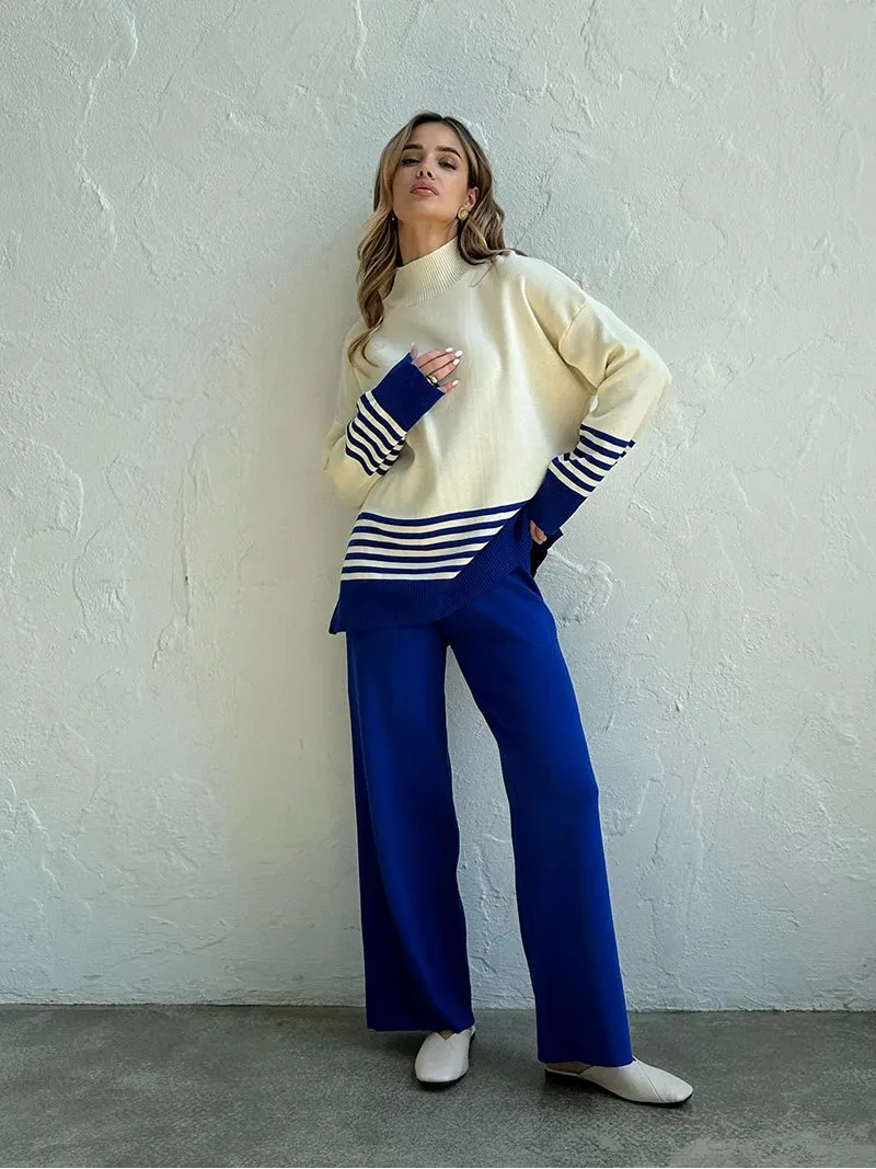 Stripes & Solid Knit Matching Set - Knitted Two Piece Set Outfit