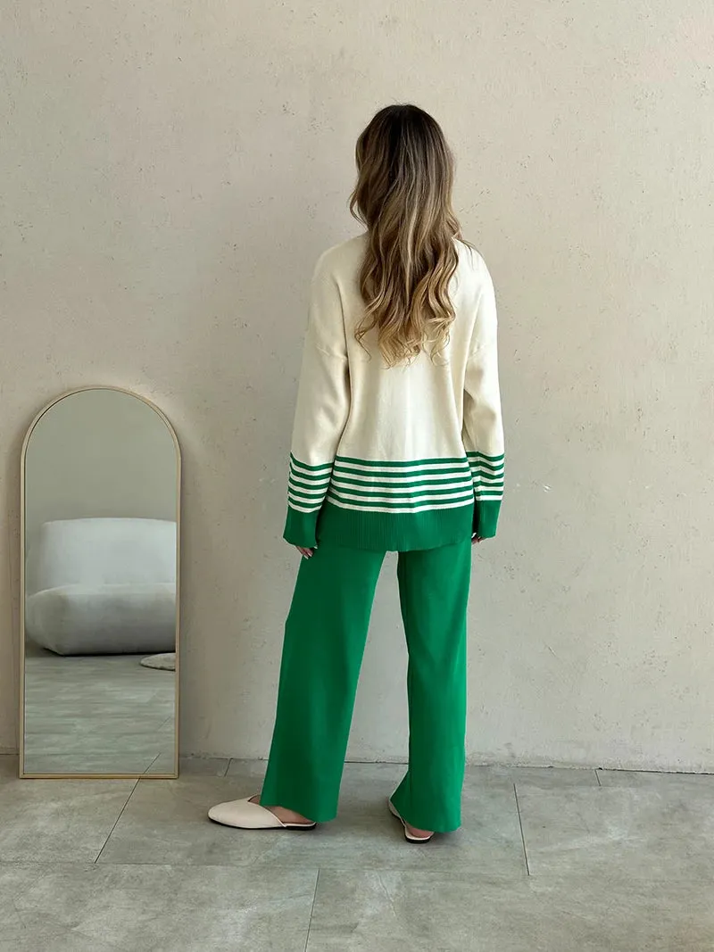 Stripes & Solid Knit Matching Set - Knitted Two Piece Set Outfit