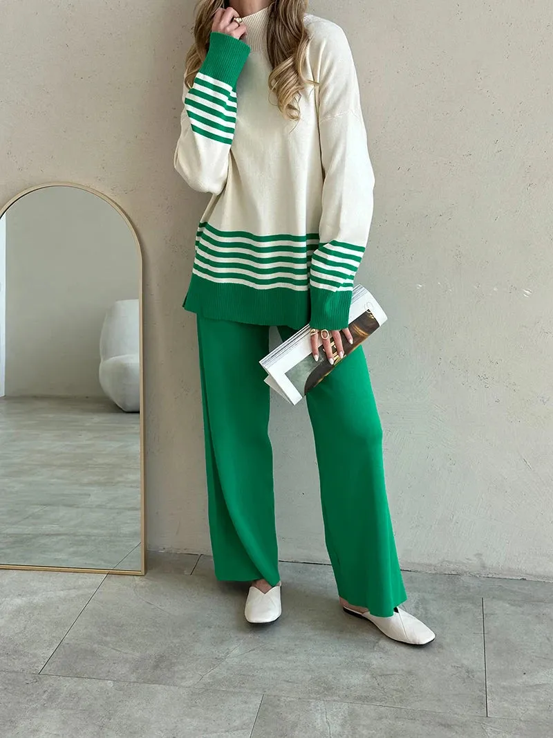 Stripes & Solid Knit Matching Set - Knitted Two Piece Set Outfit