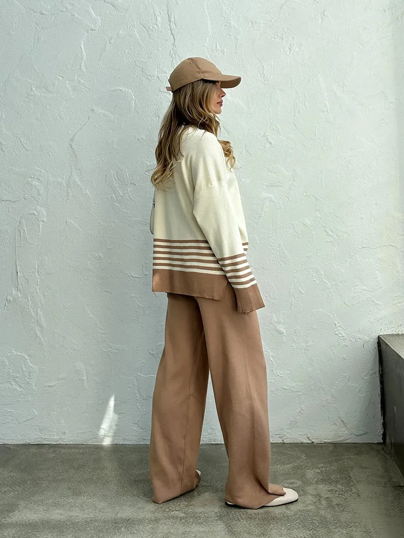 Stripes & Solid Knit Matching Set - Knitted Two Piece Set Outfit