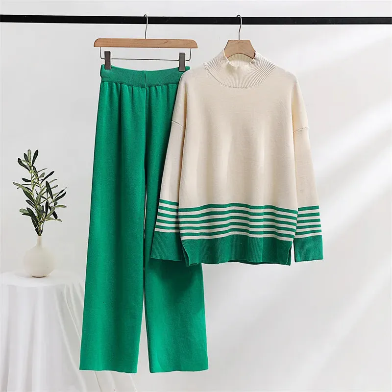 Stripes & Solid Knit Matching Set - Knitted Two Piece Set Outfit