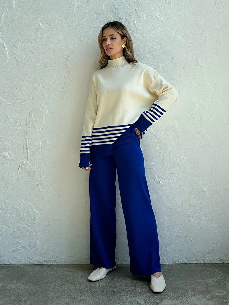 Stripes & Solid Knit Matching Set - Knitted Two Piece Set Outfit