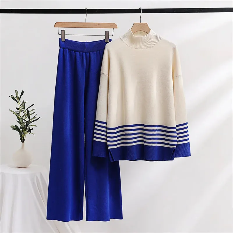 Stripes & Solid Knit Matching Set - Knitted Two Piece Set Outfit