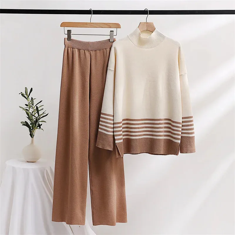 Stripes & Solid Knit Matching Set - Knitted Two Piece Set Outfit