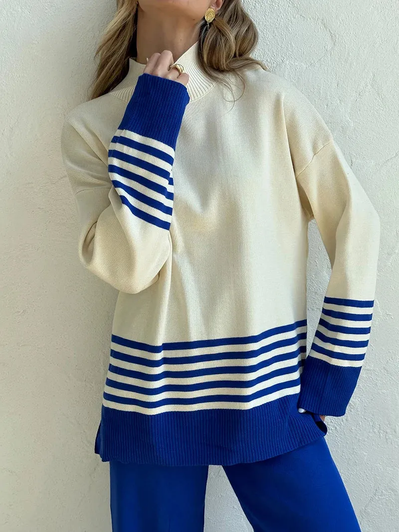 Stripes & Solid Knit Matching Set - Knitted Two Piece Set Outfit