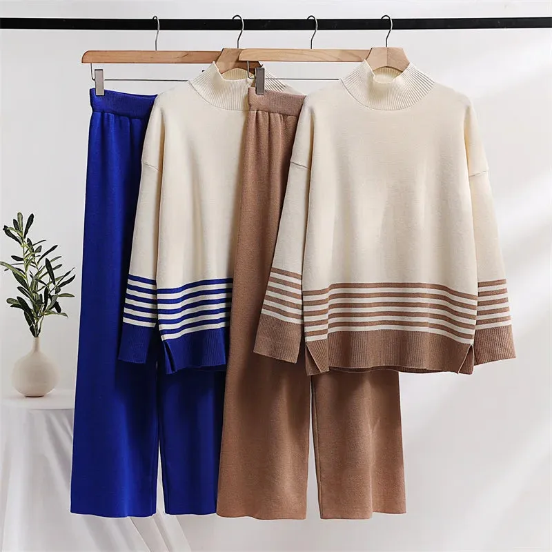 Stripes & Solid Knit Matching Set - Knitted Two Piece Set Outfit