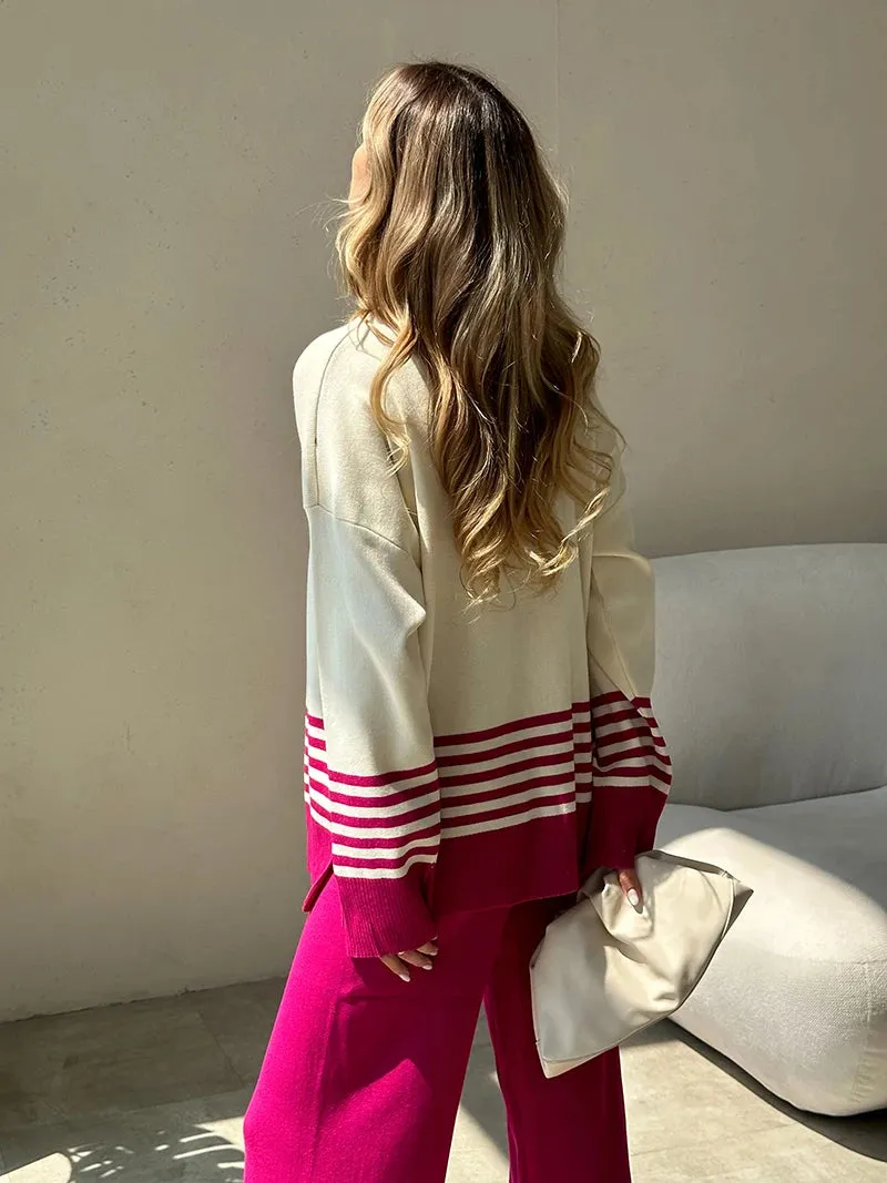 Stripes & Solid Knit Matching Set - Knitted Two Piece Set Outfit