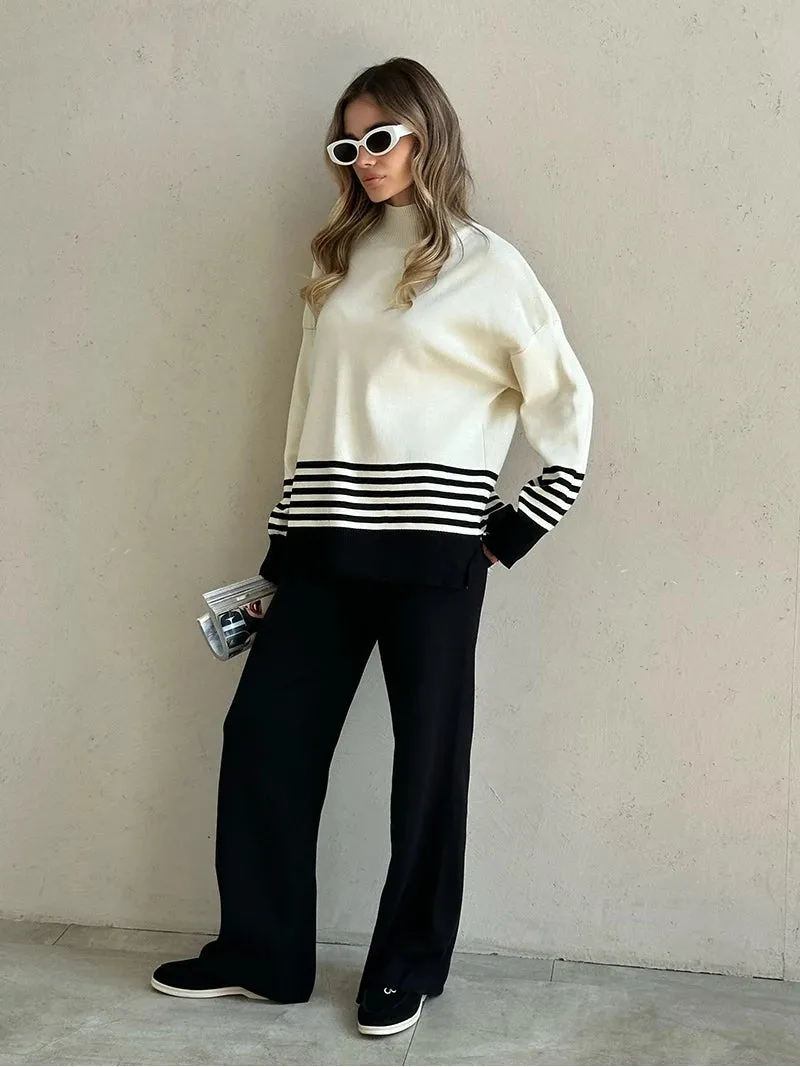 Stripes & Solid Knit Matching Set - Knitted Two Piece Set Outfit