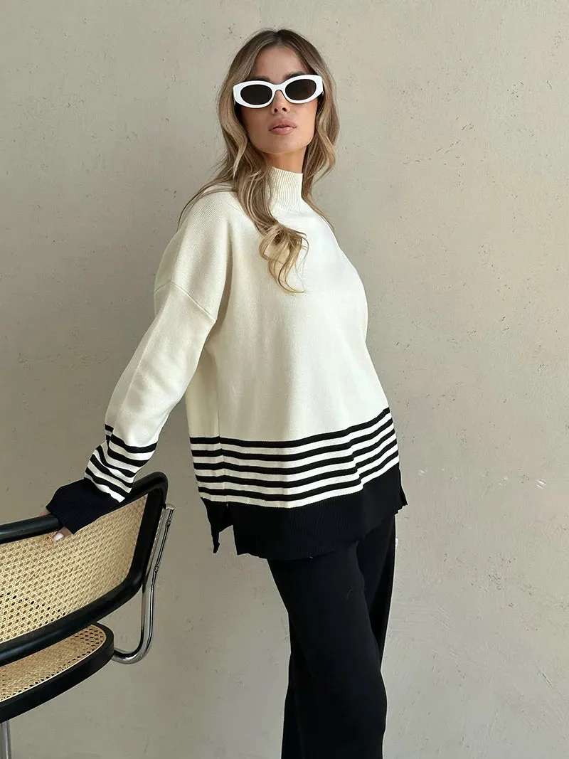 Stripes & Solid Knit Matching Set - Knitted Two Piece Set Outfit